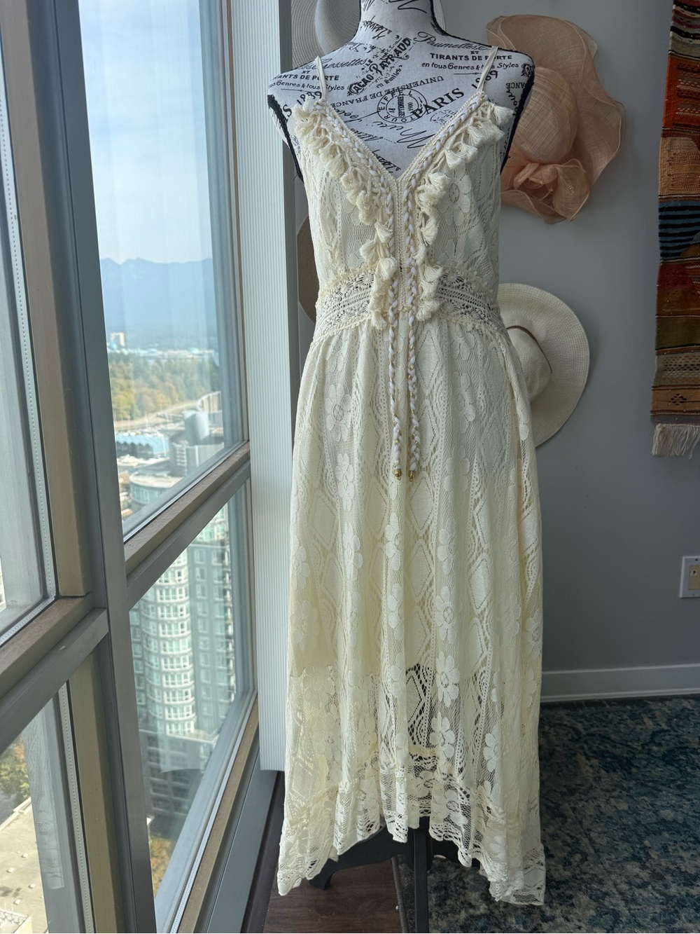 Women's Cream Lace Maxi Dress with Tassel Tie